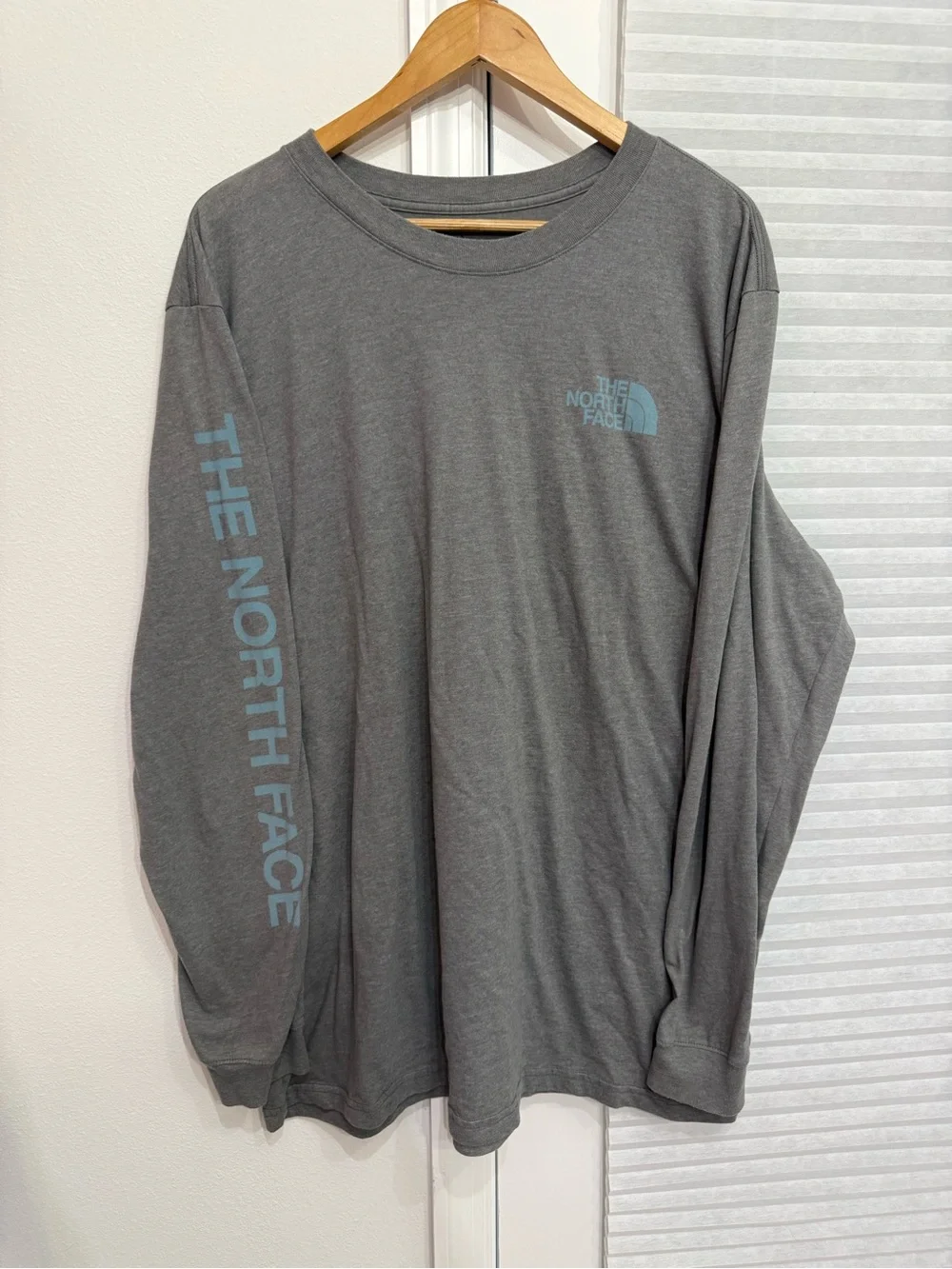 The North Face Men's Long Sleeve Tee - Gray with Light Blue Logo